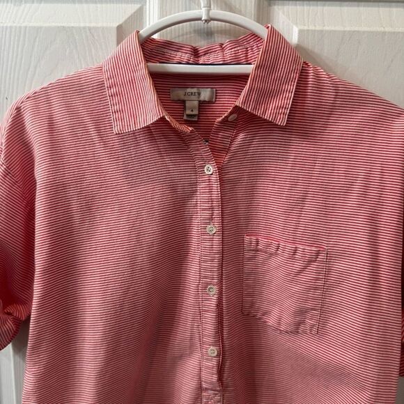 J Crew 100% cotton peach & white stripe popover blouse w an aqua stripe accent - Picture 4 of 12